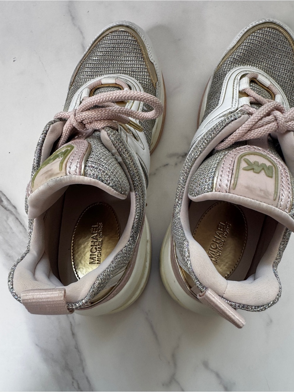 Michael Kors Olympia Glitter Mesh Sneakers Women’s 8.5M White Gold Pink Chunky - Picture 7 of 8